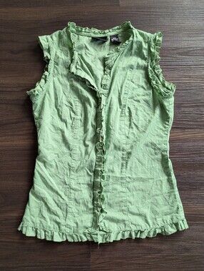 Old College Inn Sage Green Cotton Sleeveless Top Small Ruffle Boho Summer